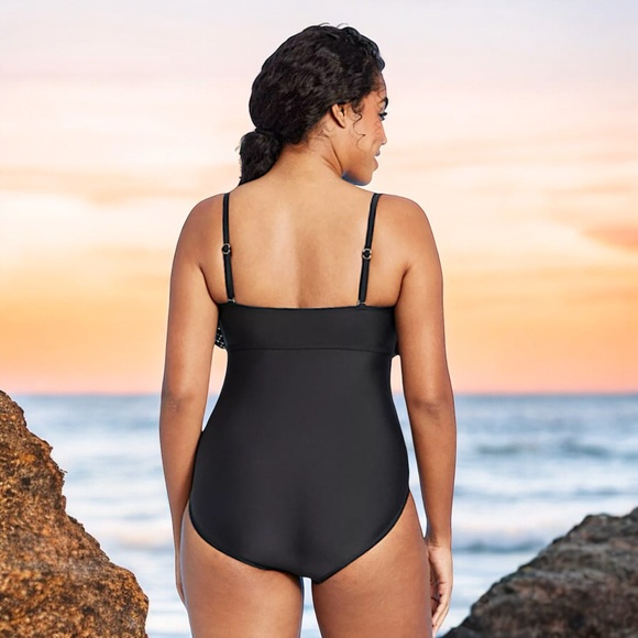 Kona Sol Jet Black Crochet Flounce Bandeau One-Piece Swimsuit - Picture 7 of 16